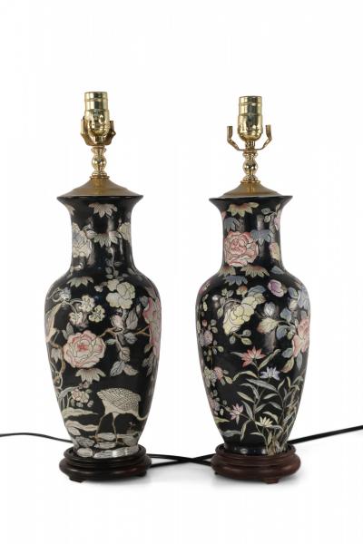 Pair of Chinese Black and Floral Motif Table Lamps