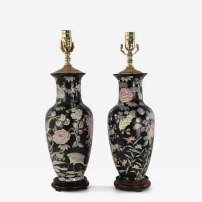 Pair of Chinese Black and Floral Motif Table Lamps