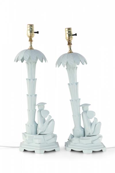 Pair of Chinese Blue Tole Palm Tree and Man Table Lamps