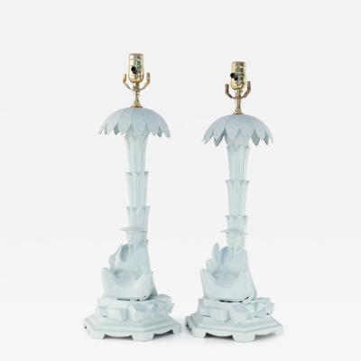 Pair of Chinese Blue Tole Palm Tree and Man Table Lamps