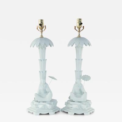 Pair of Chinese Blue Tole Palm Tree and Woman Table Lamps