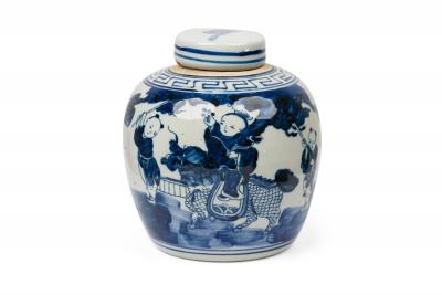 Pair of Chinese Blue White Porcelain Covered Jars with Figural Scenes