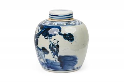 Pair of Chinese Blue White Porcelain Covered Jars with Figural Scenes