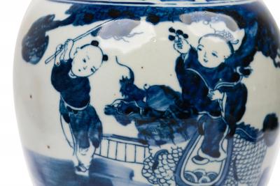 Pair of Chinese Blue White Porcelain Covered Jars with Figural Scenes