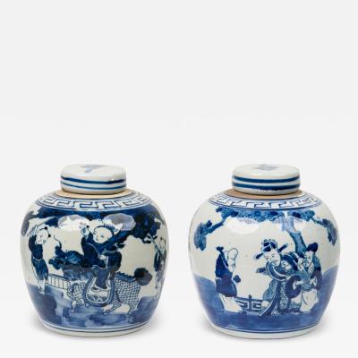 Pair of Chinese Blue White Porcelain Covered Jars with Figural Scenes