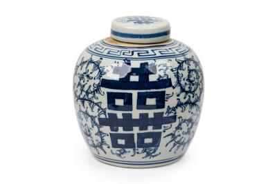 Pair of Chinese Blue White Porcelain Covered Jars with Floral Decoration