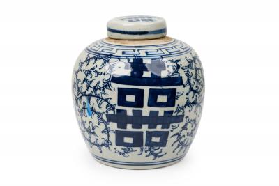 Pair of Chinese Blue White Porcelain Covered Jars with Floral Decoration