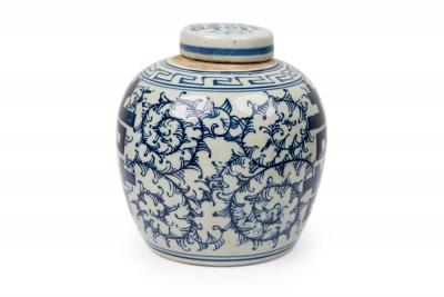 Pair of Chinese Blue White Porcelain Covered Jars with Floral Decoration