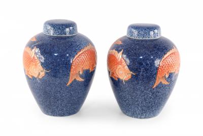 Pair of Chinese Blue and Orange Fish Design Lidded Porcelain Jars