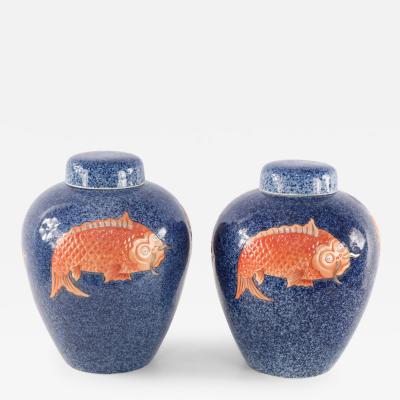Pair of Chinese Blue and Orange Fish Design Lidded Porcelain Jars