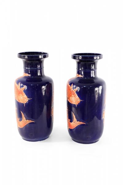 Pair of Chinese Blue and Orange Fish Design Porcelain Sleeve Vases