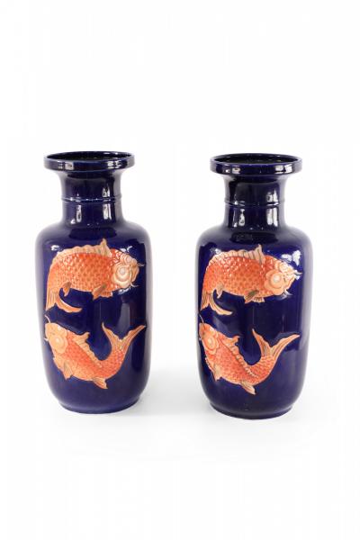 Pair of Chinese Blue and Orange Fish Design Porcelain Sleeve Vases