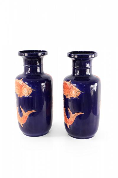 Pair of Chinese Blue and Orange Fish Design Porcelain Sleeve Vases