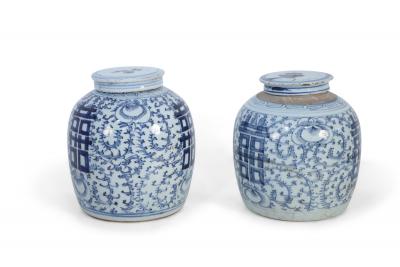 Pair of Chinese Blue and White Floral Lidded Ginger Jar Vases