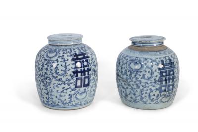Pair of Chinese Blue and White Floral Lidded Ginger Jar Vases