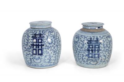 Pair of Chinese Blue and White Floral Lidded Ginger Jar Vases