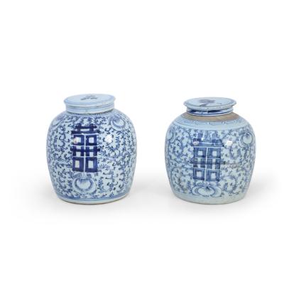 Pair of Chinese Blue and White Floral Lidded Ginger Jar Vases