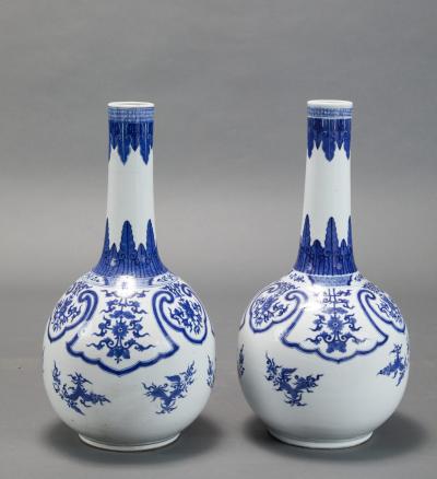 Pair of Chinese Blue and White Porcelain Bottle Vases