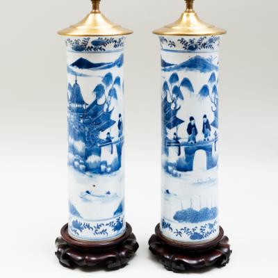 Pair of Chinese Blue and White Porcelain Lamps