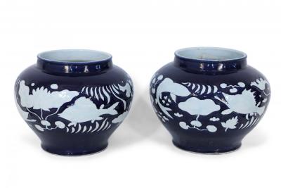 Pair of Chinese Blue and White Underwater Motif Porcelain Pots