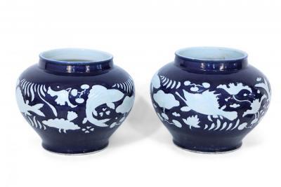 Pair of Chinese Blue and White Underwater Motif Porcelain Pots