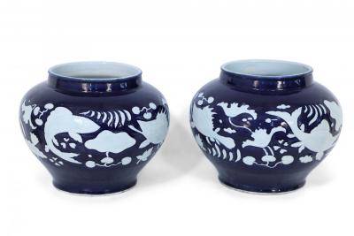 Pair of Chinese Blue and White Underwater Motif Porcelain Pots