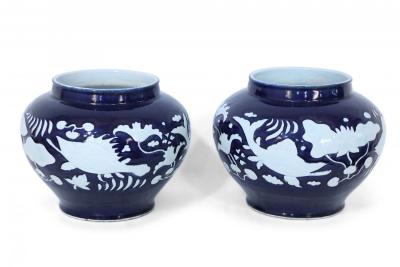 Pair of Chinese Blue and White Underwater Motif Porcelain Pots