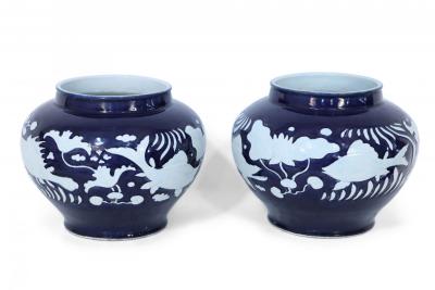 Pair of Chinese Blue and White Underwater Motif Porcelain Pots
