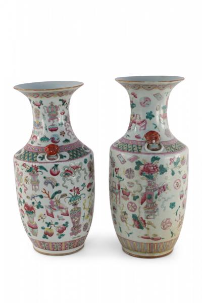 Pair of Chinese Bogu Pattern Lobed Porcelain Vases