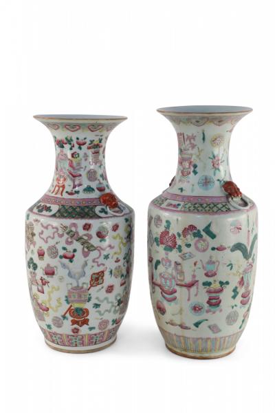 Pair of Chinese Bogu Pattern Lobed Porcelain Vases