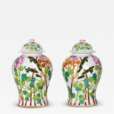 Pair of Chinese Botanical and Bird Patterned Porcelain Lidded Ginger Jars