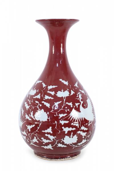 Pair of Chinese Burgundy and White Botanical Motif Porcelain Vases