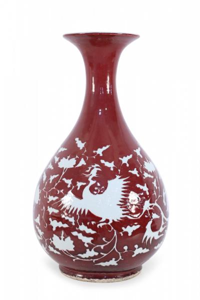 Pair of Chinese Burgundy and White Botanical Motif Porcelain Vases
