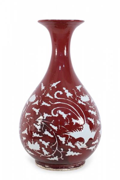 Pair of Chinese Burgundy and White Botanical Motif Porcelain Vases