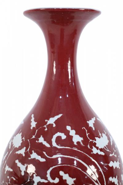Pair of Chinese Burgundy and White Botanical Motif Porcelain Vases