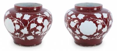 Pair of Chinese Burgundy and White Floral Motif Pots