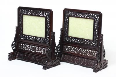 Pair of Chinese Carved Celadon Jade Table Screens China c 1920 1930s