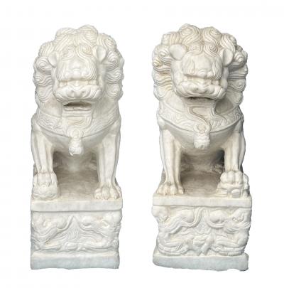 Pair of Chinese Carved Marble Foo Dogs Lions