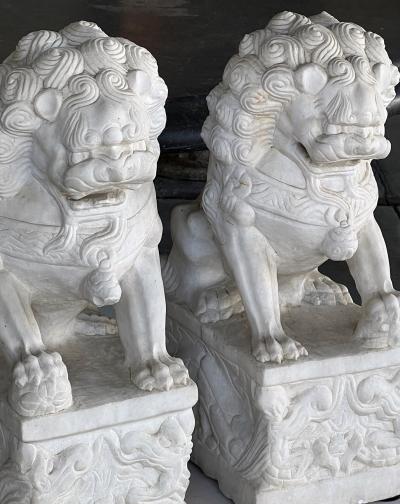 Pair of Chinese Carved Marble Foo Dogs Lions