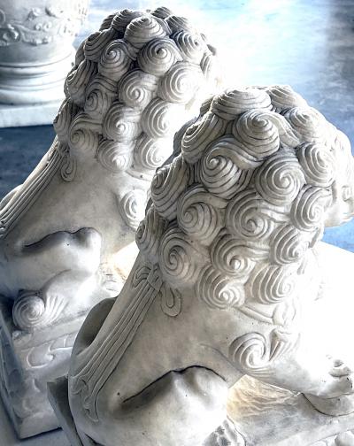 Pair of Chinese Carved Marble Foo Dogs Lions