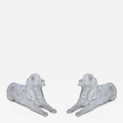 Pair of Chinese Carved Whitewashed Wooden Dog Statues