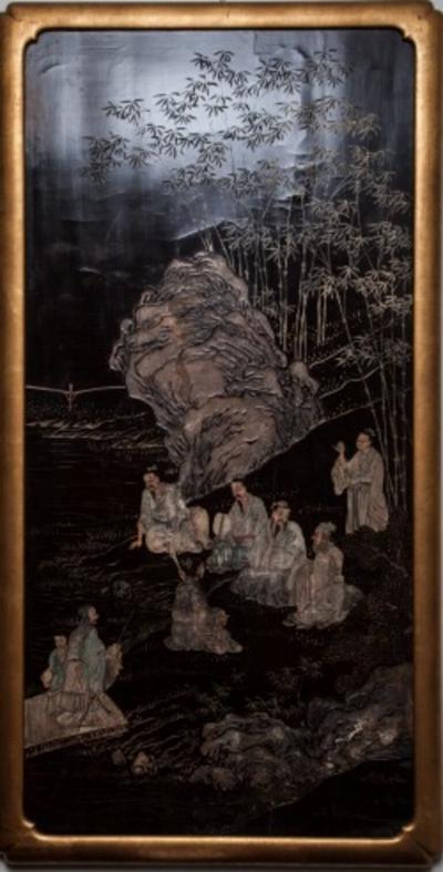 Pair of Chinese Carved and Painted Lacquer Panels