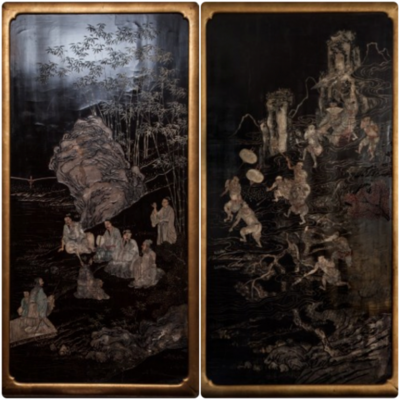 Pair of Chinese Carved and Painted Lacquer Panels