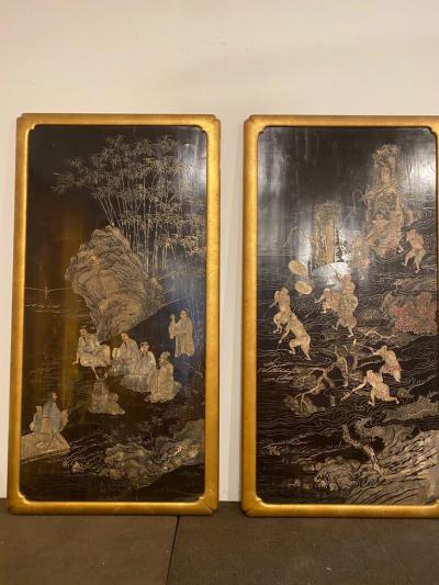 Pair of Chinese Carved and Painted Lacquer Panels