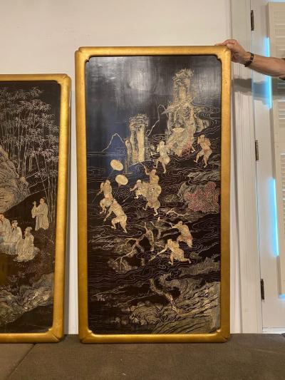 Pair of Chinese Carved and Painted Lacquer Panels