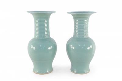 Pair of Chinese Celadon Revolving Pattern Porcelain Urns