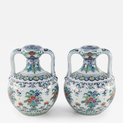 Pair of Chinese Doucai Double Ear Porcelain Vases