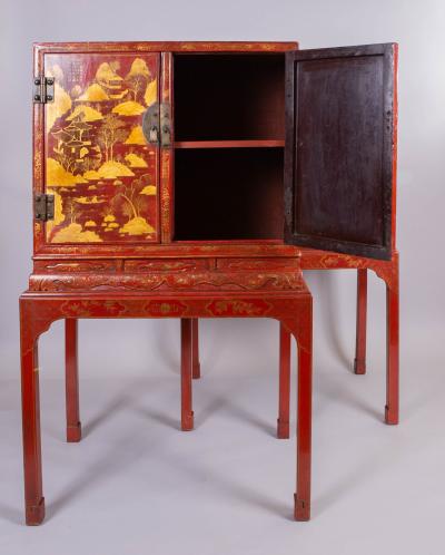 Pair of Chinese Export Bronze Mounted Red Lacquer and Parcel Gilt Cabinets