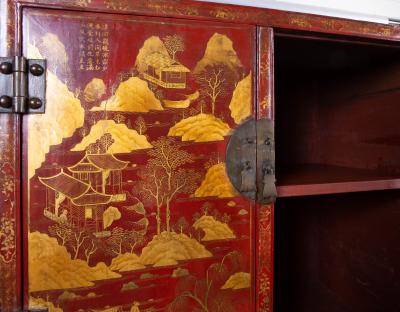 Pair of Chinese Export Bronze Mounted Red Lacquer and Parcel Gilt Cabinets