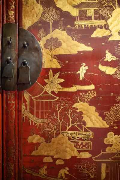 Pair of Chinese Export Bronze Mounted Red Lacquer and Parcel Gilt Cabinets